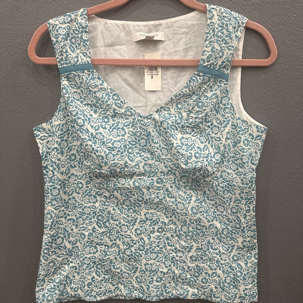 Ann Taylor Factory Outlet Linen blend top size 8 sleeveless teal white leaf